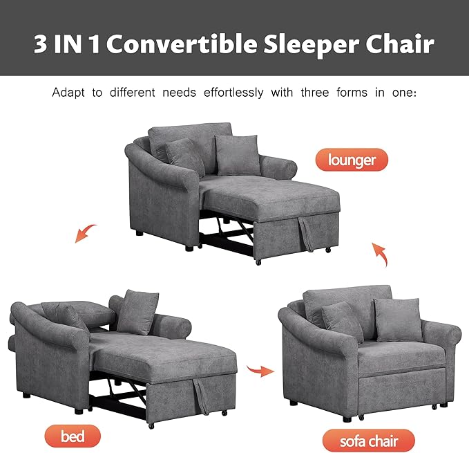 Convertible Sleeper Chair with Adjustable Backrest 3-in-1 Sleeper Chair with Metal Frame 3 in 1 Lounger Chair Turns Into Bed Chenille Fabric Single Bed for Living Room