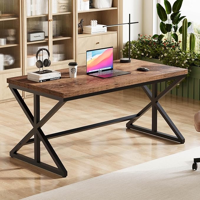 IBF 55” Rustic Computer Desk Industrial Brown Home Office Desk Wooden Metal Executive Pc Computer Desk Table Wood Student Gaming Study Computer Table for Bedroom Living Room Rustic Brown 55 Inch