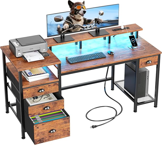 Furologee 60 Computer Desk with File Cabinet and Storage Shelves Reversible Home Office Desk with LED Lights Full Monitor Stand Power Outlets Study Gaming Table with 4 Drawers Rustic Brown