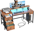 Furologee 60 Computer Desk with File Cabinet and Storage Shelves Reversible Home Office Desk with LED Lights Full Monitor Stand Power Outlets Study Gaming Table with 4 Drawers Rustic Brown