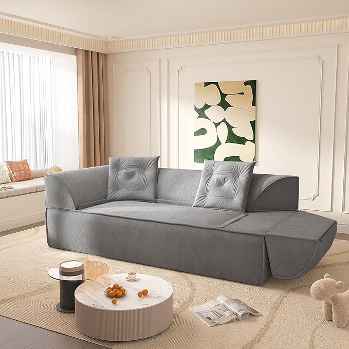 3-in-1 Convertible Sofa Bed 3-seater Boneless Futon Couch with Adjustable Backrest and Armrests Chenille Chaise Lounge Sofa with Pillows Floor Sleeper Loveseat for Living Room Reading Room Grey