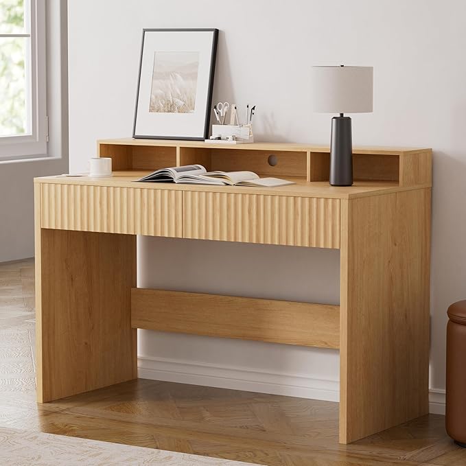 47 Executive Desk with Fluted Drawer Modern Home Office Desk with Long Monitor Stand and 2 Drawers Computer Writing Desk for Study Office Vanity Nautral Oak
