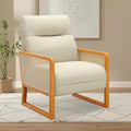 HAOBO Home Modern Accent Chair Linen Upholstered Armchair Living Room Chairs with Rattan Armrest Lounge Side Chairs Office Chair Beige