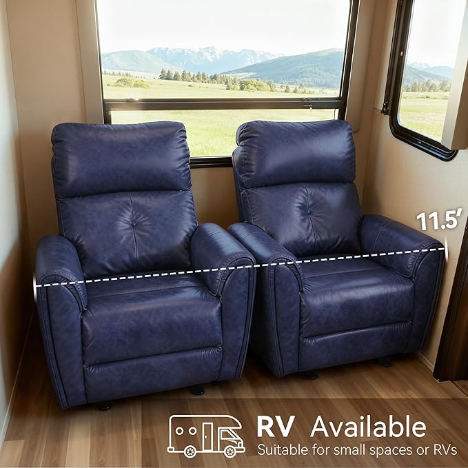 MCombo Power Small Recliners for Small Spaces Living Room RVs Modern Style Zero Wall Hugger Recliners Chair with Lumbar Support USB&ampCharging Ports FSC Certified Faux Leather PR699 (Navy Blue