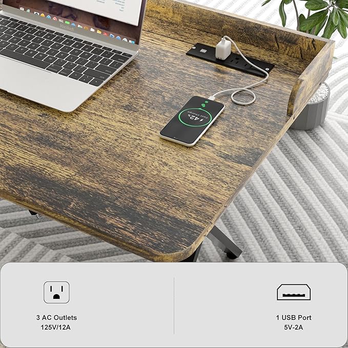 Lightdot 47x24 Inches Computer Desk with Power Outlets &amp USB Deeper Desktop &amp Baffle Gaming Office Writing Work Desk for Home Office Study Bedroom Heavy Duty Metal Frame Rustic Brown