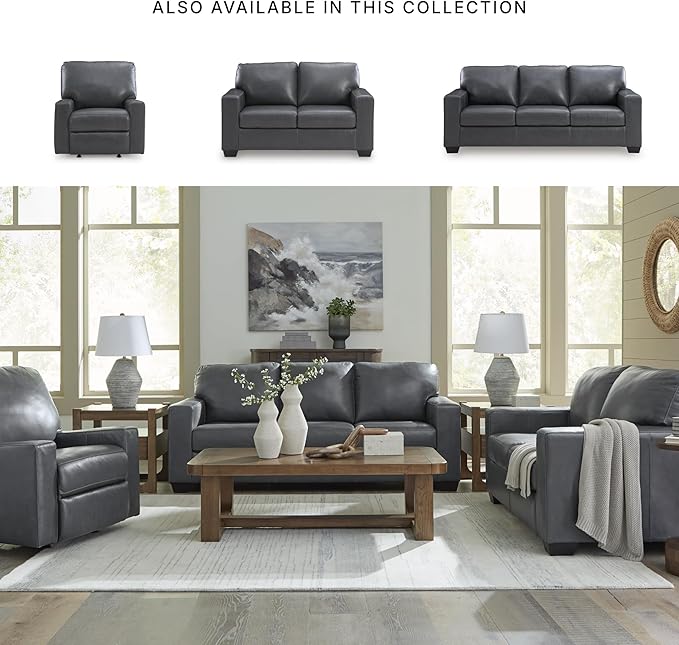 Signature Design by Ashley Bolsena Contemporary Leather Match Sofa with Removable Cushion and Armrest Blue