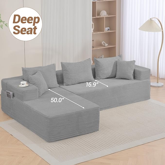 105'' Cloud Sectional Couch Modular L-Shaped Boneless Sectional Sofa Corduroy Deep Seat Couch Small Space Sofas for Living Room Bedroom Apartment No Assembly Grey