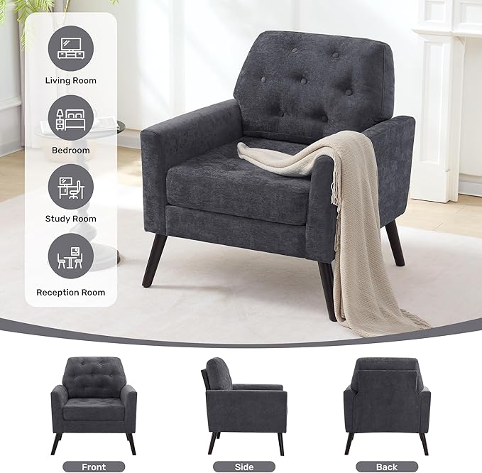 Accent Chair Set of 2 Mid Century Modern Living Room Chairs Upholstered Armchair with Tufted Back &amp Wood Legs Single Sofa Reading Side Chair for Bedroom Office Waiting Room Dark Grey