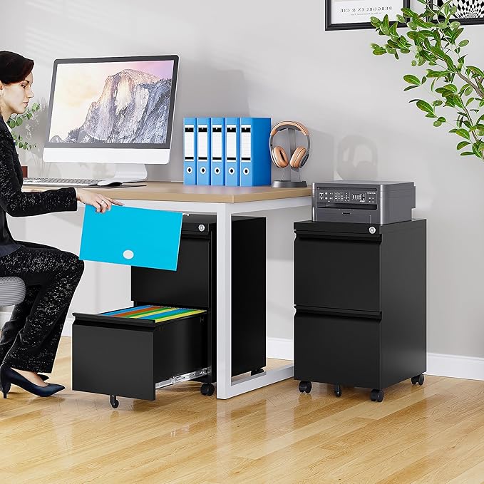 SISESOL 2 Drawer File Cabinet on WheelsMetal Filing Cabinet with LockBlack Rolling File Cabinets with CastersUnder Desk Office Cabinets for Home OfficeFit A4/Letter/LegalEasy Assembly