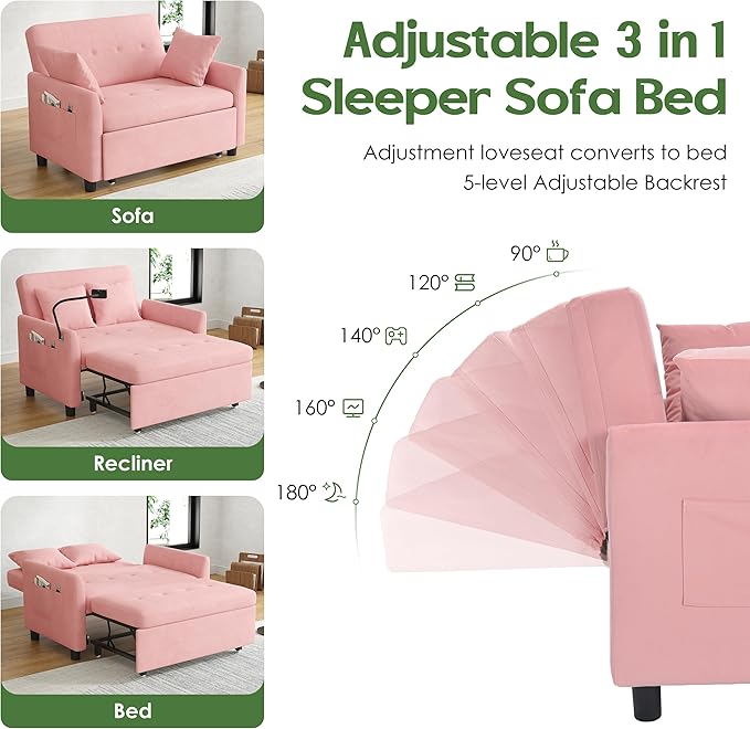 3 in 1 Convertible Pull Out Sleeper Couch Sofa Bed Small Loveseat Futon Bed 46 Velvet Love Seat with Pillow and Phone Holder for Living Room Pink