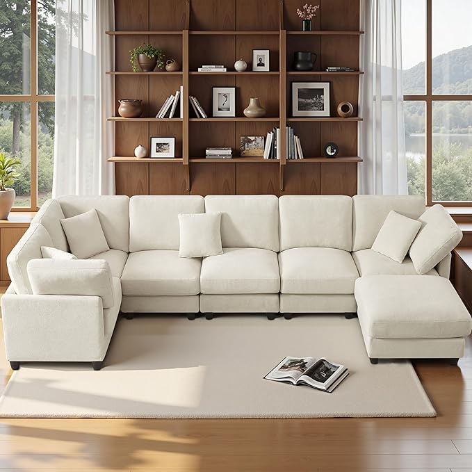 117 Modular Sectional Sofa with Movable ChaiseModern Chenille Cloud Sectional Couch with Deep SeatU Shaped Compressed Boneless Sofa for Living RoomNo Assembly Required (Beige)