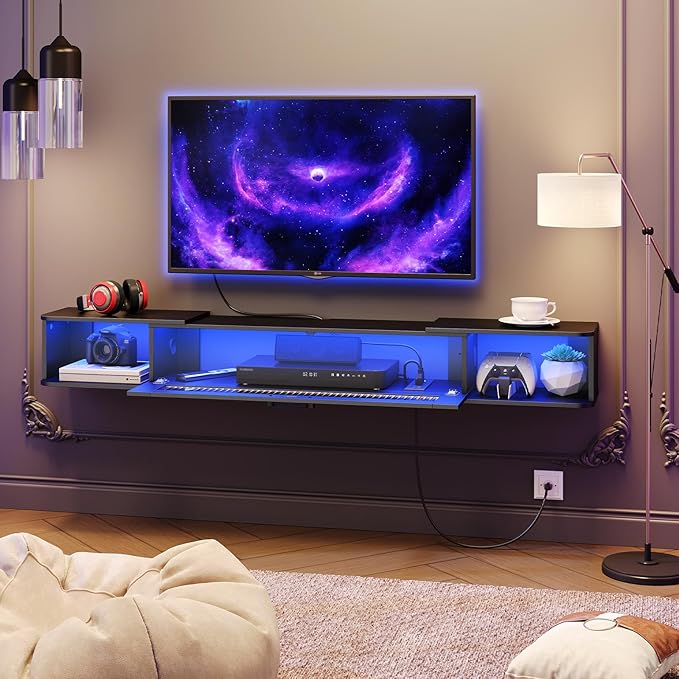 HOOBRO Floating TV Stand with LED Light Power Outlet for TVs up to 75” Wall Mounted TV Shelf Modern Media Console Entertainment Center Under TV for Living Room Bedroom Black BK36UDDS01G1