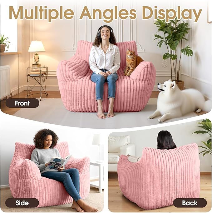Giant Bean Bag Chair Oversized Plush Comfy Bean Bag Sofa for Adults and Kids with Armrests Memory Foam Mini Couch Single Lounges for Living Room Bedroom &amp Game Room(Pink)