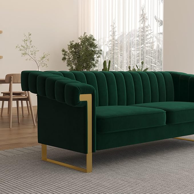 83'' Green Velvet Couch Sofa Mid-Century Modern Love Seat Chesterfield 3 Seat Couches Sofa for Living Room Apartment (Green)