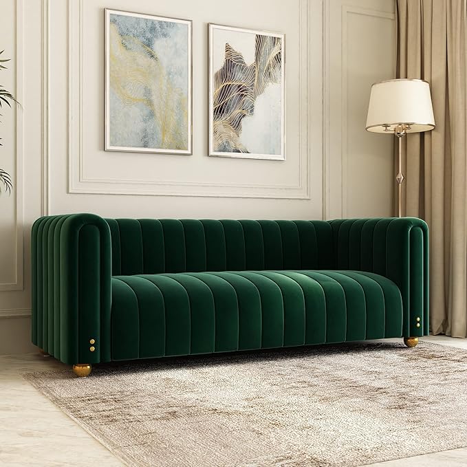 Emerald Green Velvet Couch 80 Inch Wide Mid-Century Modern Tufted Upholstered Sofa with Golden Leg 3 Seat Big Comfy Couch for Living Room