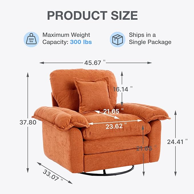 360° Swivel Accent Chair Oversized Plush Modern Chenille Armchair with Padded Seat &amp Back Comfy Spinning Chair for Living Room Bedroom Office (Orange)