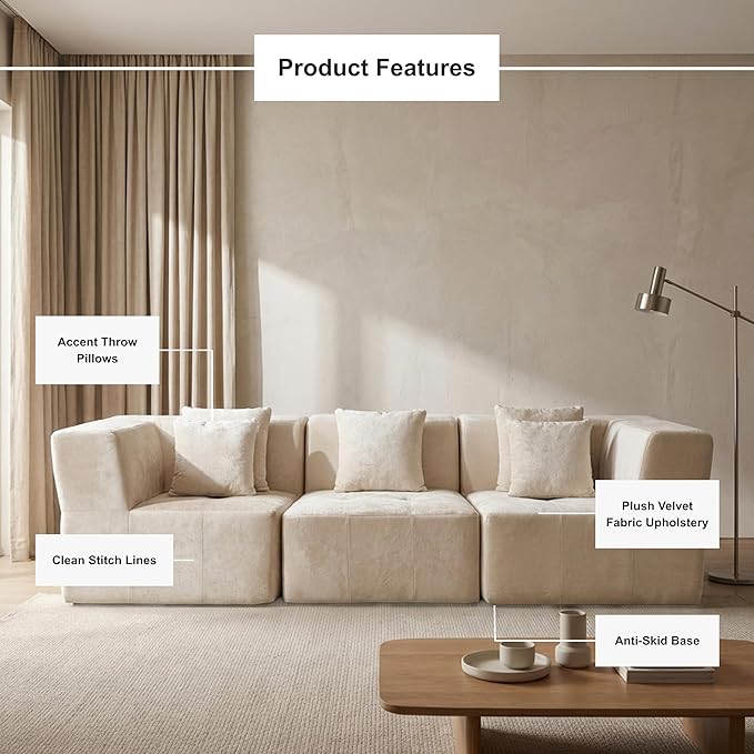 · REDEARTH · 3-Seater Modular Velvet Sectional Sofa No-Assembly Compressed Couch in a Box with Ottoman Firm Support Boneless Modular System in Plush Velvet for Living Room (3-Seater) Cream
