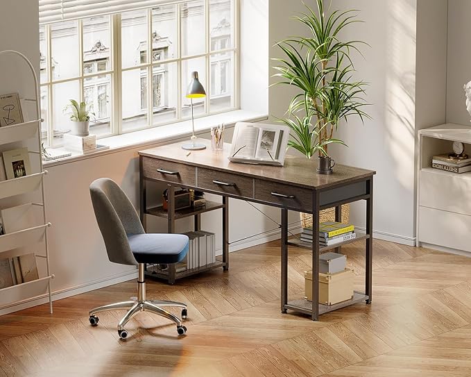 ODK Office Small Computer Desk: Home Table with Fabric Drawers &amp Storage Shelves Modern Writing Desk Grey Oak 48x16