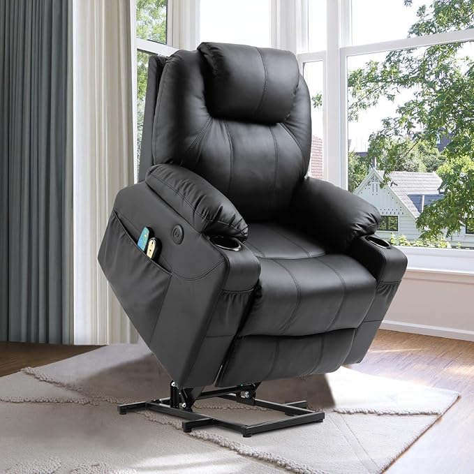 VIVIJASON Power Lift Chair Electric Recliner for Elderly Heated Vibration Massage Faux Leather Recliner Chair with 2 Remote Controls Cup Holders Side Pockets &amp USB Ports for Living Room (Black)