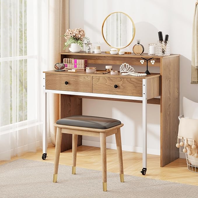 Tangkula Extendable Computer Desk with 2 Drawers Small Writing Desk with Pull Out Secondary Desk Console Table Wood Study Workstation Laptop Desk for Small Space Home &amp Office (Natural)