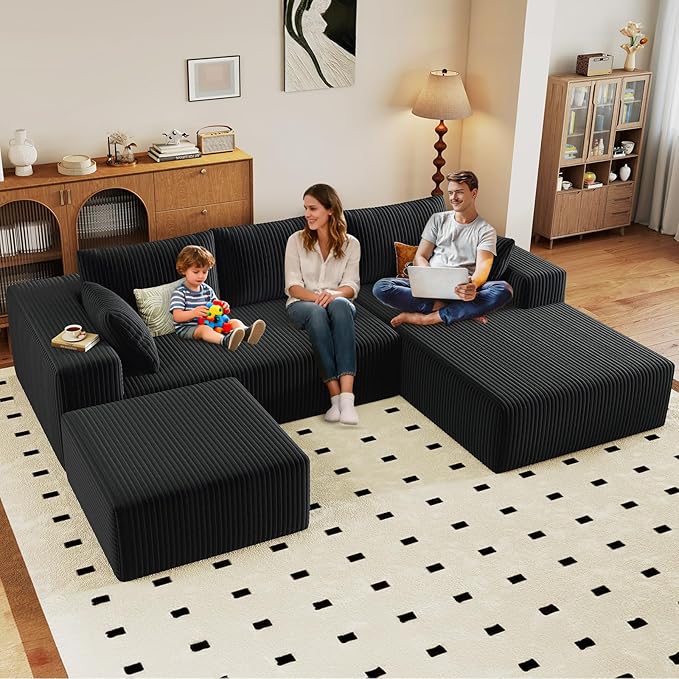 96 U-Shape Cloud Couch Modern Modular Sectional L-Shape Sofa with Ottoman Corduroy Upholstered Couches Deep Seat Sleeper Chaise Longue for Living Room No Assembly Required(Black Right Facing)