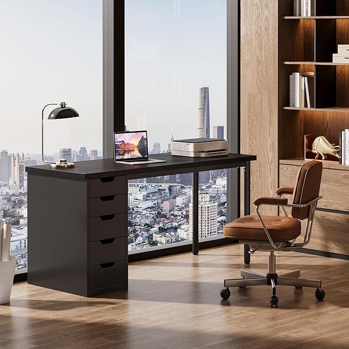 Tribesigns Modern Simple Computer Desk 47 Inches PC Desk with 5 Reversible Drawers Rustic Brown Study Writing Table Workstation for Home Office Small Spaces (Black)