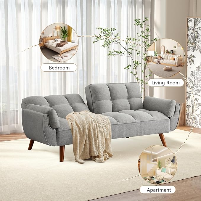 75 Convertible Futon Sofa Bed Sleeper Couch Bed with Adjustable Backrest Small Couches for Small Spaces Living Room Bedroom and Office (Gray)