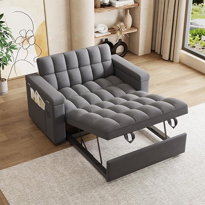 65 Modern Velvet Double Sofa 3 in 1 Foldable Computer Desk Sofa Bed with Adjustable Backrest Storage Bag and Pillow Hidden Living Room Laptop Desk with USB Port (Dark Gray)