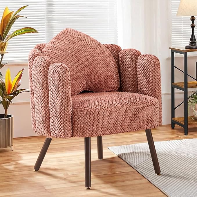 Furniliving Pink Vanity Chair Velvet Accent Chair for Living Room Shell Chairs with Wooden Legs Makeup Chair for Bedroom Armchair Cute Petal Reading Chair with Pillow