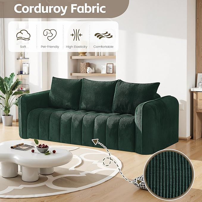 Comfy 3-Stear Sofa with 2 Armchair Set of 3 Corduroy Sofa for Living Room Boneless Lounge Floor Cloud Couch for Small Spaces for Bedroom Office Apartment Green