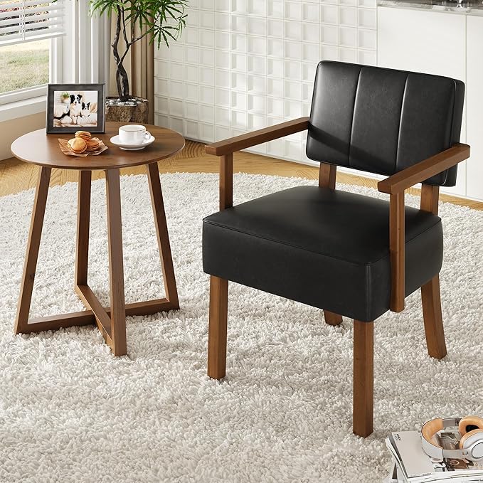 Garvee Mid-Century Accent Chair Set of 2 with Wood Frame PU Leather Upholstered Lounge Arm Chair with Classic Vertical Stripe Reading Leisure Chair for Living Room Bedroom Balcony Black