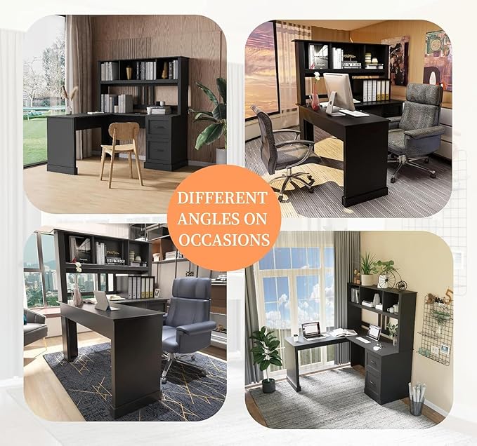 WERSMT L Shaped Computer Desk with Drawers Corner Desk Large Storage Gaming Desk Home Office Desks with Bookshelf Easy to Assemble Black