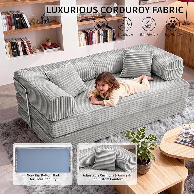76.77 Inch Convertible Sofa Bed Modern Corduroy Futon Boneless Couches Lounge Loveseat with Side Storage Pocket Pull Out Sofa Bed for Living Room Bedroom No Assembly Required Grey