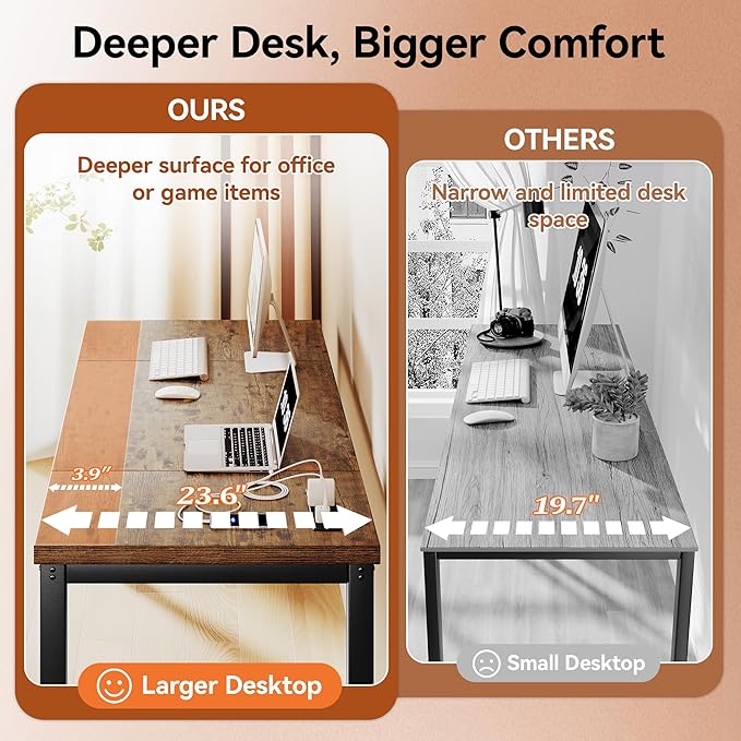 Computer Desk with Power Outlets 55 Inch Large Home Office Desk with Deeper &amp Thicker Desktop Modern Gaming Desk Study Writing Work Desk Metal Frame Rustic Brown