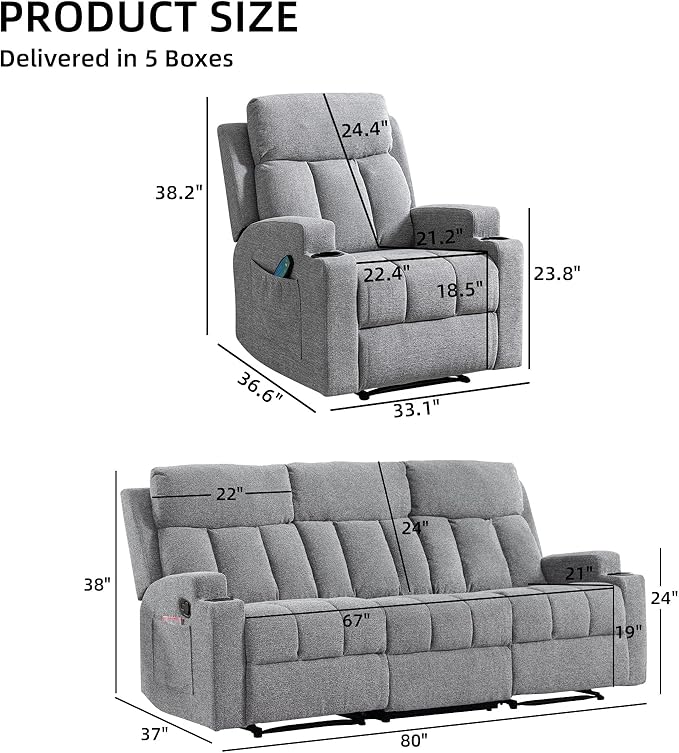 CANMOV Manual Recliner Sofa Set Fabric Recliner Living Room Furniture Sets 1 Seat Reclining Chair and a 3 Seate Sofa Furniture Set with Side Pockets and Cup Holders Light Grey