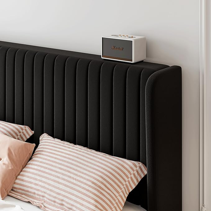 SHA CERLIN Queen Size Velvet Bed Frame with Vertical Channel Tufted Wingback Headboard Upholstered Platform Bed with Wood Slats No Box Spring Needed Easy Assembly Black