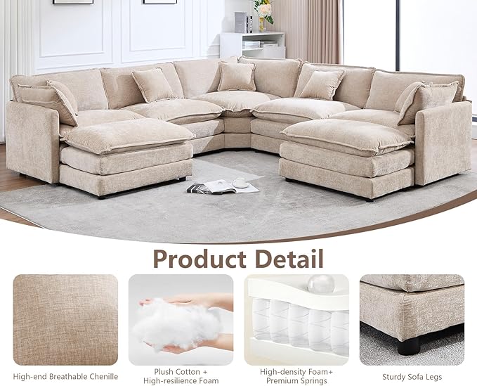 Oversized Modular Sectional Sofa Couch Large U Shaped Corner Couch with Ottoman Chenille Cloud Couches for Living Room Convertible 7 Seater Sectional Sofa for Office Spacious Space Camel