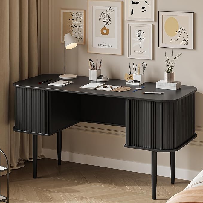 55 Modern Writing Desk with Storage Wood Home Office Desk with Sliding Doors Computer Desk for Home Office Dorm Living Room Home Study Table Black