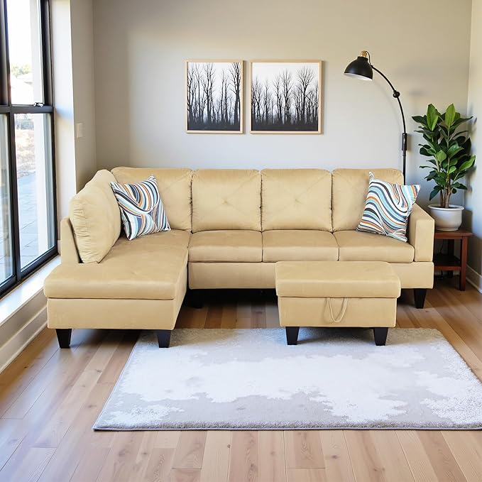 L Shaped Couch Sectional Couches for Living Room Upholstered Microfiber 3 Pieces Modular Sectional Sofa with Chaise Ottoman with Storage for Living Room and Small Apartment Beige