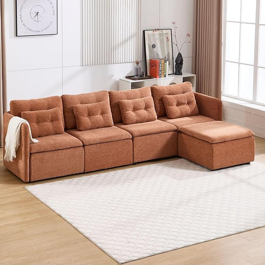 LukeAlon L Shaped 4 Seater Modular Sectional Sofa Couch with Waist Pillow Modern Chenille Sofa Set with Ottoman 110 Comfy Upholstered Sleeper Sofa Couches for Living Room Office Light Brown