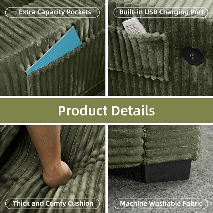 46.1''W Oversized Accent Chair Modern Single Armchair with USB Charger &amp Storage Pocket Comfy Reading Chair Tufted Corduroy Fabric for Living Room Bedroom Apartment Office (Green)