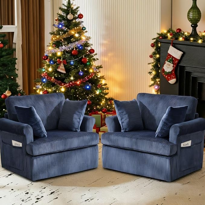 Karl home Swivel Accent Chair Set of 2 39 Oversized Armchair W/2 Pillows and 4 PocketsModern Corduroy Barrel ChairsComfy Single Sofa for Living RoomReadingBedroom and Office-Dark Blue