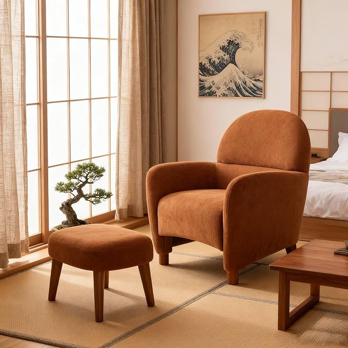 Lazy Chair with Ottoman Modern Boucle Accent Lounge Chair with Footrest Upholstered Leisure Sofa Reading Armchair with Wood Legs for Living Room Bedroom Dorm Garden-Orange