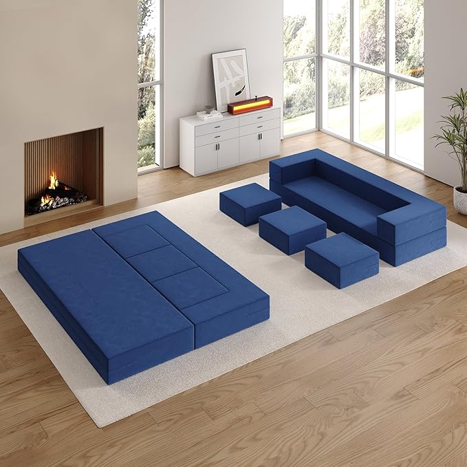Queen 80 Folding Bed Couch Convertible Velvet Memory Foam Sofa Bed with Removable Velvet Cover3 OttomansFloor Sofa Sleeper Mattress for Guest Office Living Room Deep Blue