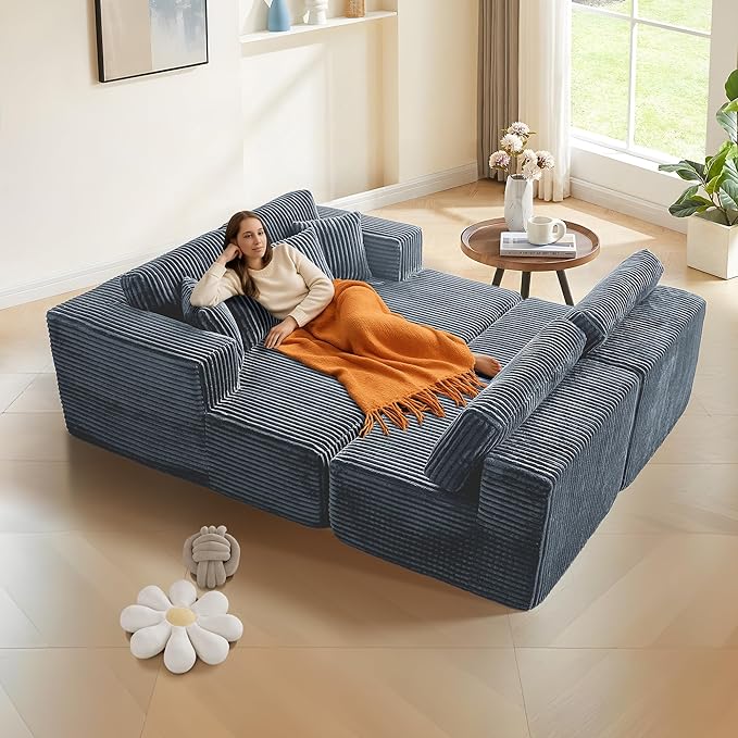 143.3'' Convertible Modular Sectional Couch Modern U-Shaped Floor Sofa with Movable Ottomans Comfy Corduroy Fabric Sofas No Assembly Free Combination Couches for Living Room ApartmentGrey
