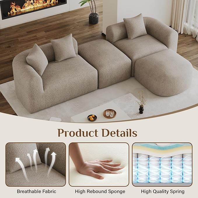 120 Curved Sectional Sofa Brown Cloud Couch Boneless Modular Sectional Couch for Living Room Oversized L Shaped Curved Couches Comfy Modern Sofa Plush Chenille with Ottoman Brown