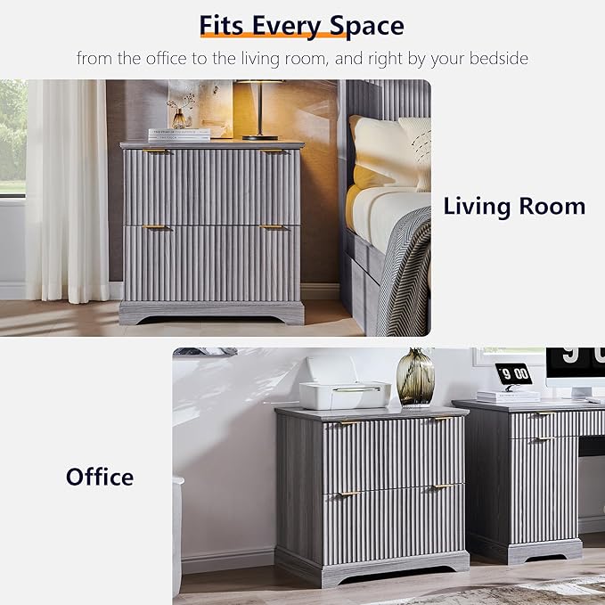 JXQTLINGMU 2 Drawer File Cabinet with Charging Station 30 Fluted Lateral File Cabinet w/Files Hanging Rod for Letter/Legal/A4 Large Tabletop for Printer Office Wood Printer Cabinets Grey