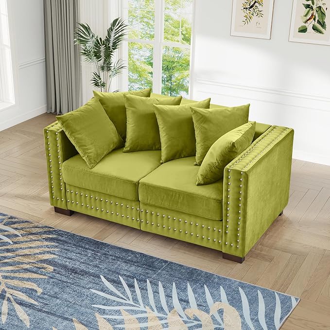 60.5W Loveseat Sofa Velvet Mid Century Modern Couch with Storage Upholstered Deep Seat Chesterfield Couch with Nailhead Trim &amp Pillows 2-Seat Comfy Sofa for Living Room Bedroom Apartment(Gre