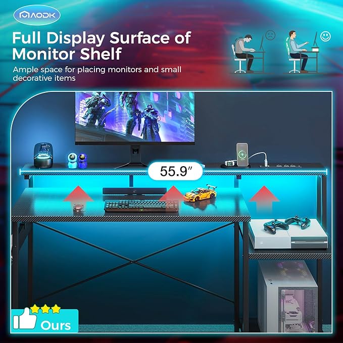 AODK Computer Desk 56 Inch Gaming Desk with Led Lights &amp Power Outlet Office Desk with Storage Shelves Reversible Desk with Monitor Shelf &amp Headphone Hook Carbon Fiber Black