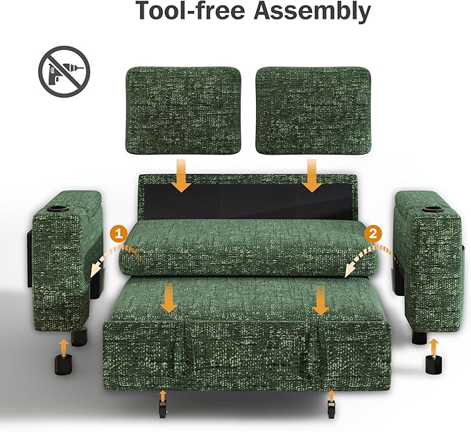 Vipbear 65 Loveseat Sleeper Sofa with Pull Out Bed Chenille 3-in-1 Convertible Sofa Bed with Reclining Backrest|USB Ports|Cup Holders|Side Table|Storage Armrests Tool Free Assembly Green